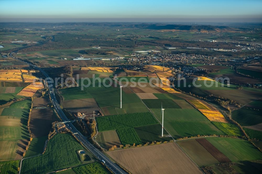 Mainstockheim from the bird's eye view: Autumnal discolored vegetation view fields of wine cultivation landscape in Mainstockheim in the state Bavaria, Germany