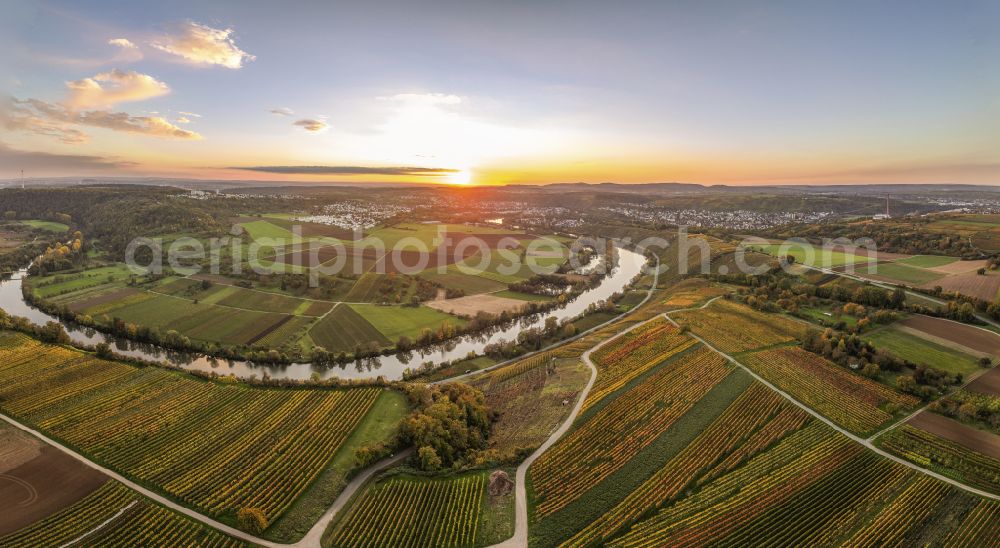 Aerial photograph Mundelsheim - Autumnal discolored vegetation view fields of a vineyard and vine landscape of the winegrowing areas on the Neckar loop in Mundelsheim Neckartal in the state of Baden-Wuerttemberg, Germany