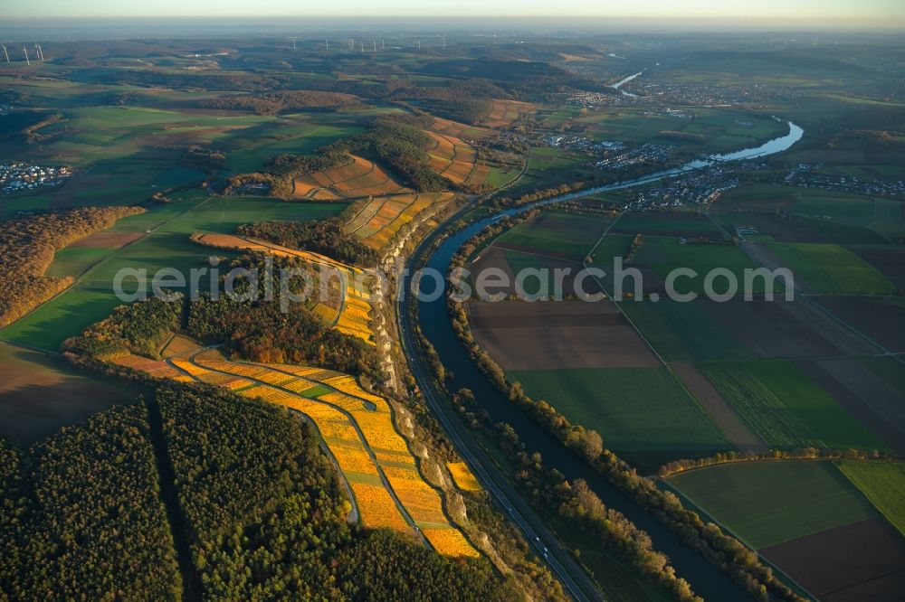 Stetten from the bird's eye view: Autumnal discolored vegetation view fields of wine cultivation landscape on the Main river in Stetten in the state Bavaria, Germany