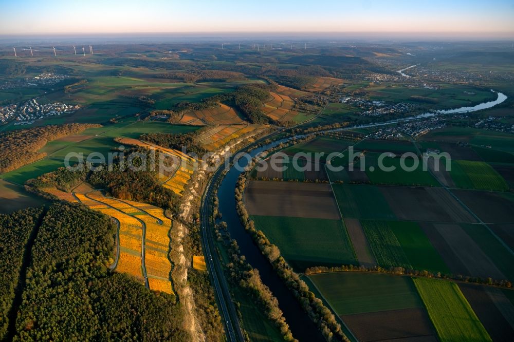 Aerial image Stetten - Autumnal discolored vegetation view fields of wine cultivation landscape on the Main river in Stetten in the state Bavaria, Germany