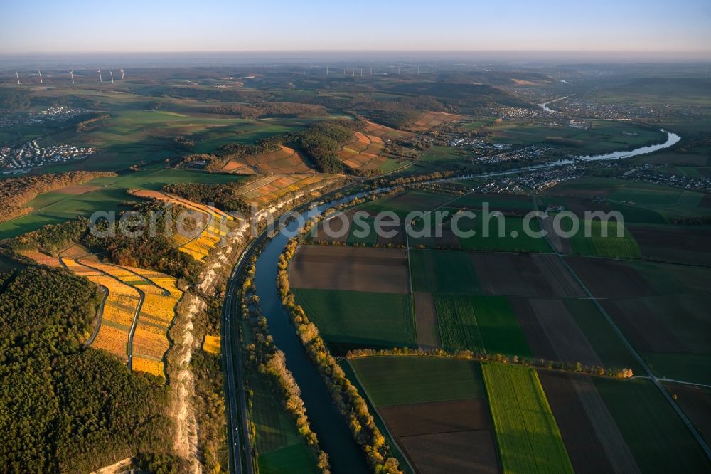 Aerial photograph Stetten - Autumnal discolored vegetation view fields of wine cultivation landscape on the Main river in Stetten in the state Bavaria, Germany