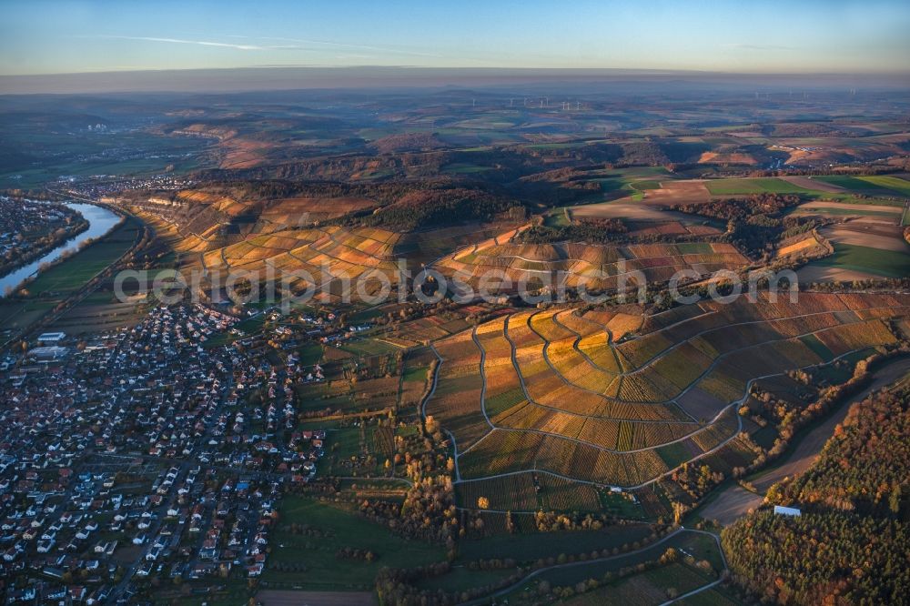 Thüngersheim from above - Autumnal discolored vegetation view fields of wine cultivation landscape in Thuengersheim in the state Bavaria, Germany