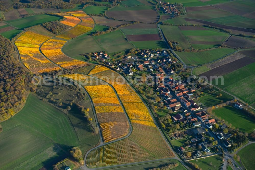 Wiebelsberg from above - Autumnal discolored vegetation view fields of wine cultivation landscape in Wiebelsberg in the state Bavaria, Germany