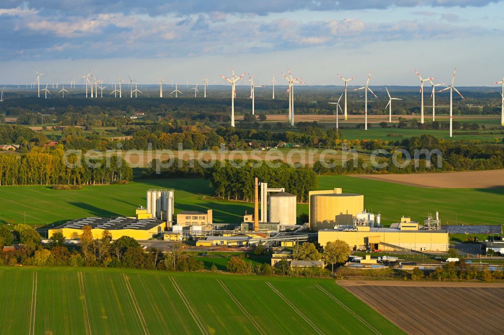 Aerial image Margarethenthal - Autumnal discolored vegetation view building and production halls on the premises AVEBE Kartoffelstaerkefabrik Prignitz/Wendland GmbH in Margarethenthal in the state Brandenburg, Germany