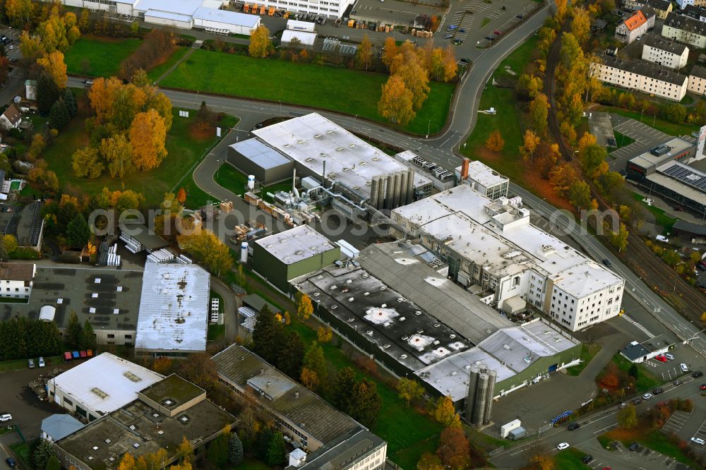 Rehau from above - Autumnal discolored vegetation view building and production halls on the premises REHAU Industries SE & Co. KG on street Regnitzlosauer Strasse in Rehau in the state Bavaria, Germany