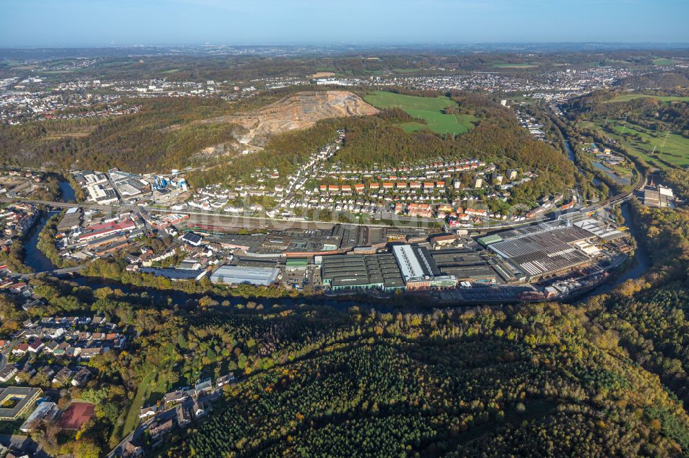 Aerial image Hagen - Autumnal discolored vegetation view building and production halls on the premises of thyssenkrupp AG on street Oeger Strasse in the district Oege in Hagen at Ruhrgebiet in the state North Rhine-Westphalia, Germany