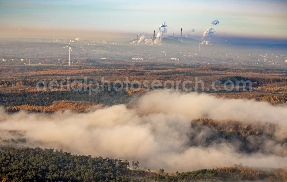 Aerial image Oer-Erkenschwick - Autumnal discolored vegetation view weather conditions with cloud formation over a forest area in Oer-Erkenschwick in the state North Rhine-Westphalia, Germany