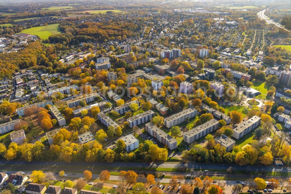 Bochum from above - Autumnal discolored vegetation view residential area of the multi-family house settlement on Haendelstrasse in the district Harpen in Bochum in the state North Rhine-Westphalia, Germany