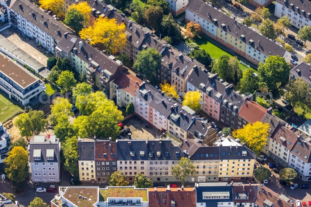 Dortmund from the bird's eye view: Autumnal discolored vegetation view residential area a row house settlement Beurhausstrasse - Huettemannstrasse in Dortmund in the state North Rhine-Westphalia, Germany