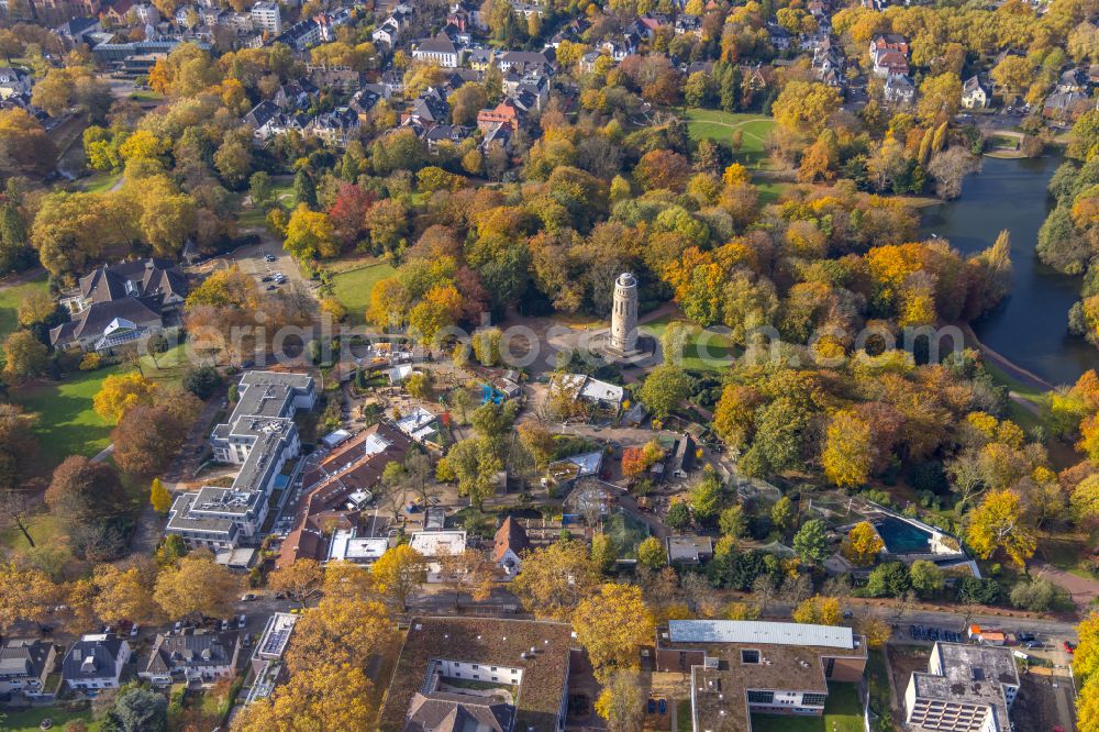 Aerial image Bochum - Autumnal discolored vegetation view zoo grounds Tierpark + Fossilium Bochum on street Klinikstrasse in the district Innenstadt in Bochum at Ruhrgebiet in the state North Rhine-Westphalia, Germany