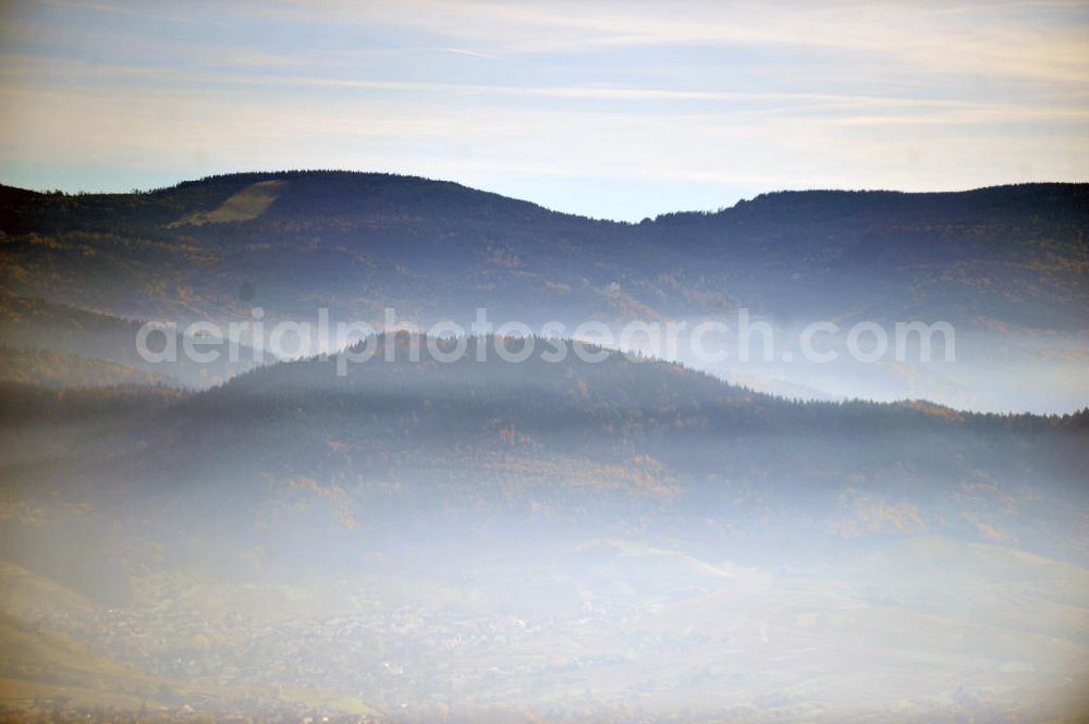 Aerial photograph Tiefenau - Blick auf die herbstliche Waldlandschaft mit Nebelschwaden im Schwarzwald bei Tiefenau in Baden-Württemberg. View of the autumnal forest landscape / woodland scenery with fog patches in the Black Forest in Baden-Wuerttemberg.