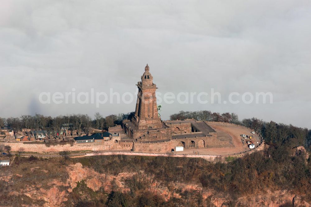 Aerial image Steinthaleben - Herbstwetter mit Hochnebel - Wolkendecke am Kyffhäuserdenkmal bei Steinthaleben in Thüringen. Das Kyffhäuserdenkmal (auch Barbarossadenkmal oder Kaiser-Wilhelm-Denkmal) auf der Kuppe des Kyffhäuserberges wurde 1890 bis 1896 zu Ehren von Kaiser Wilhelm I. errichtet. Es ist das drittgrößte Denkmal Deutschlands. Autumn weather with high fog - cloud cover at the Kyffhäuser monument at Steinthaleben in Thuringia. The Kyffhäuser monument (also Barbarossa Monument or Kaiser-Wilhelm-monument) on the top of the Mount Kyffhäuser was built from 1890 to 1896 in honor of Kaiser Wilhelm I.. It is the third largest monument in Germany.