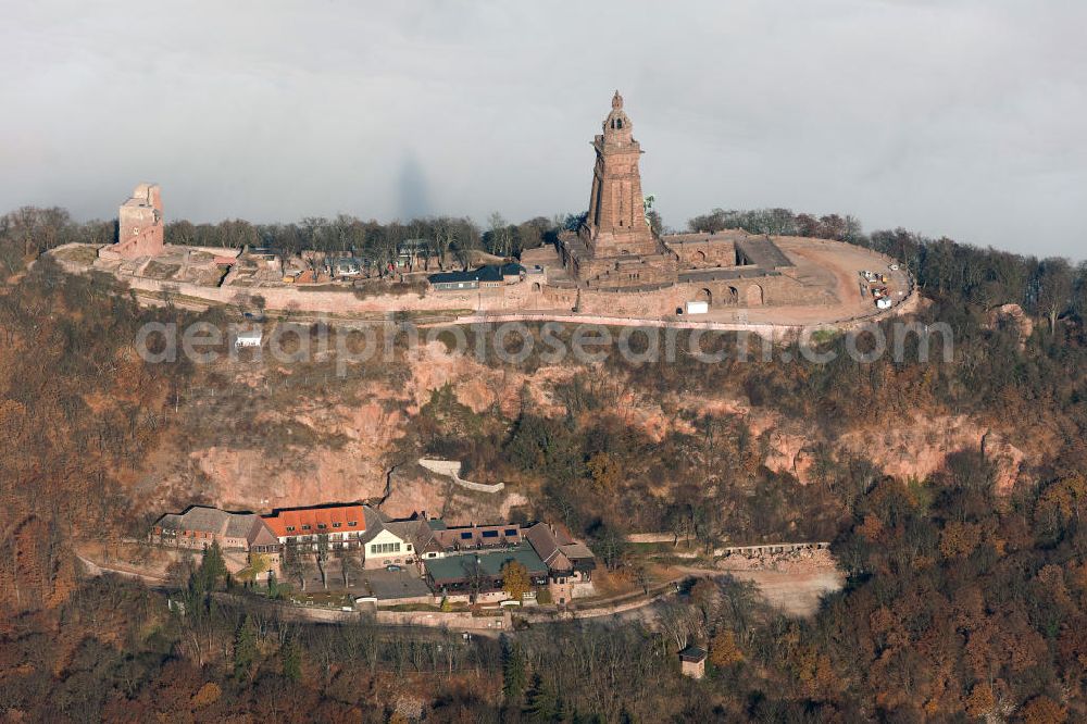 Aerial photograph Steinthaleben - Herbstwetter mit Hochnebel - Wolkendecke am Kyffhäuserdenkmal bei Steinthaleben in Thüringen. Das Kyffhäuserdenkmal (auch Barbarossadenkmal oder Kaiser-Wilhelm-Denkmal) auf der Kuppe des Kyffhäuserberges wurde 1890 bis 1896 zu Ehren von Kaiser Wilhelm I. errichtet. Es ist das drittgrößte Denkmal Deutschlands. Autumn weather with high fog - cloud cover at the Kyffhäuser monument at Steinthaleben in Thuringia. The Kyffhäuser monument (also Barbarossa Monument or Kaiser-Wilhelm-monument) on the top of the Mount Kyffhäuser was built from 1890 to 1896 in honor of Kaiser Wilhelm I.. It is the third largest monument in Germany.