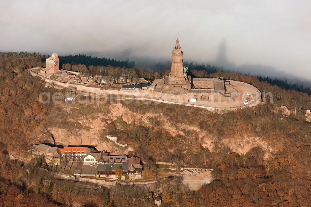 Steinthaleben from above - Herbstwetter mit Hochnebel - Wolkendecke am Kyffhäuserdenkmal bei Steinthaleben in Thüringen. Das Kyffhäuserdenkmal (auch Barbarossadenkmal oder Kaiser-Wilhelm-Denkmal) auf der Kuppe des Kyffhäuserberges wurde 1890 bis 1896 zu Ehren von Kaiser Wilhelm I. errichtet. Es ist das drittgrößte Denkmal Deutschlands. Autumn weather with high fog - cloud cover at the Kyffhäuser monument at Steinthaleben in Thuringia. The Kyffhäuser monument (also Barbarossa Monument or Kaiser-Wilhelm-monument) on the top of the Mount Kyffhäuser was built from 1890 to 1896 in honor of Kaiser Wilhelm I.. It is the third largest monument in Germany.