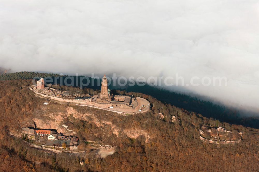 Steinthaleben from the bird's eye view: Herbstwetter mit Hochnebel - Wolkendecke am Kyffhäuserdenkmal bei Steinthaleben in Thüringen. Das Kyffhäuserdenkmal (auch Barbarossadenkmal oder Kaiser-Wilhelm-Denkmal) auf der Kuppe des Kyffhäuserberges wurde 1890 bis 1896 zu Ehren von Kaiser Wilhelm I. errichtet. Es ist das drittgrößte Denkmal Deutschlands. Autumn weather with high fog - cloud cover at the Kyffhäuser monument at Steinthaleben in Thuringia. The Kyffhäuser monument (also Barbarossa Monument or Kaiser-Wilhelm-monument) on the top of the Mount Kyffhäuser was built from 1890 to 1896 in honor of Kaiser Wilhelm I.. It is the third largest monument in Germany.