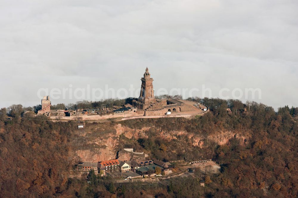 Aerial image Steinthaleben - Herbstwetter mit Hochnebel - Wolkendecke am Kyffhäuserdenkmal bei Steinthaleben in Thüringen. Das Kyffhäuserdenkmal (auch Barbarossadenkmal oder Kaiser-Wilhelm-Denkmal) auf der Kuppe des Kyffhäuserberges wurde 1890 bis 1896 zu Ehren von Kaiser Wilhelm I. errichtet. Es ist das drittgrößte Denkmal Deutschlands. Autumn weather with high fog - cloud cover at the Kyffhäuser monument at Steinthaleben in Thuringia. The Kyffhäuser monument (also Barbarossa Monument or Kaiser-Wilhelm-monument) on the top of the Mount Kyffhäuser was built from 1890 to 1896 in honor of Kaiser Wilhelm I.. It is the third largest monument in Germany.