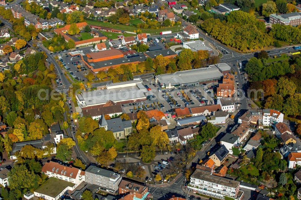 Hamm from above - Herringen Market and church of Saint Viktor in the autumnal Herringen part of Hamm in the state of North Rhine-Westphalia