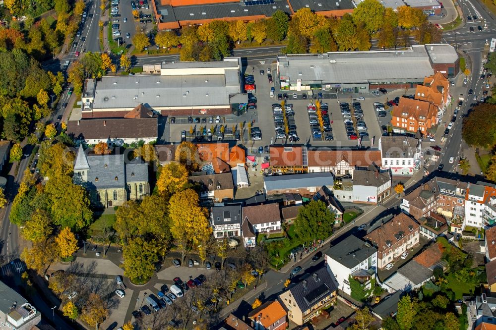 Aerial image Hamm - Herringen Market and church of Saint Viktor in the autumnal Herringen part of Hamm in the state of North Rhine-Westphalia