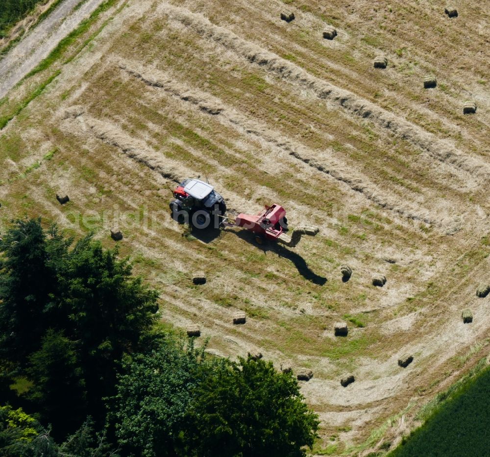 Rosdorf from above - Harvest use of agricultural machinery - harvesting vehicles on agricultural fields in Rosdorf in the state Lower Saxony