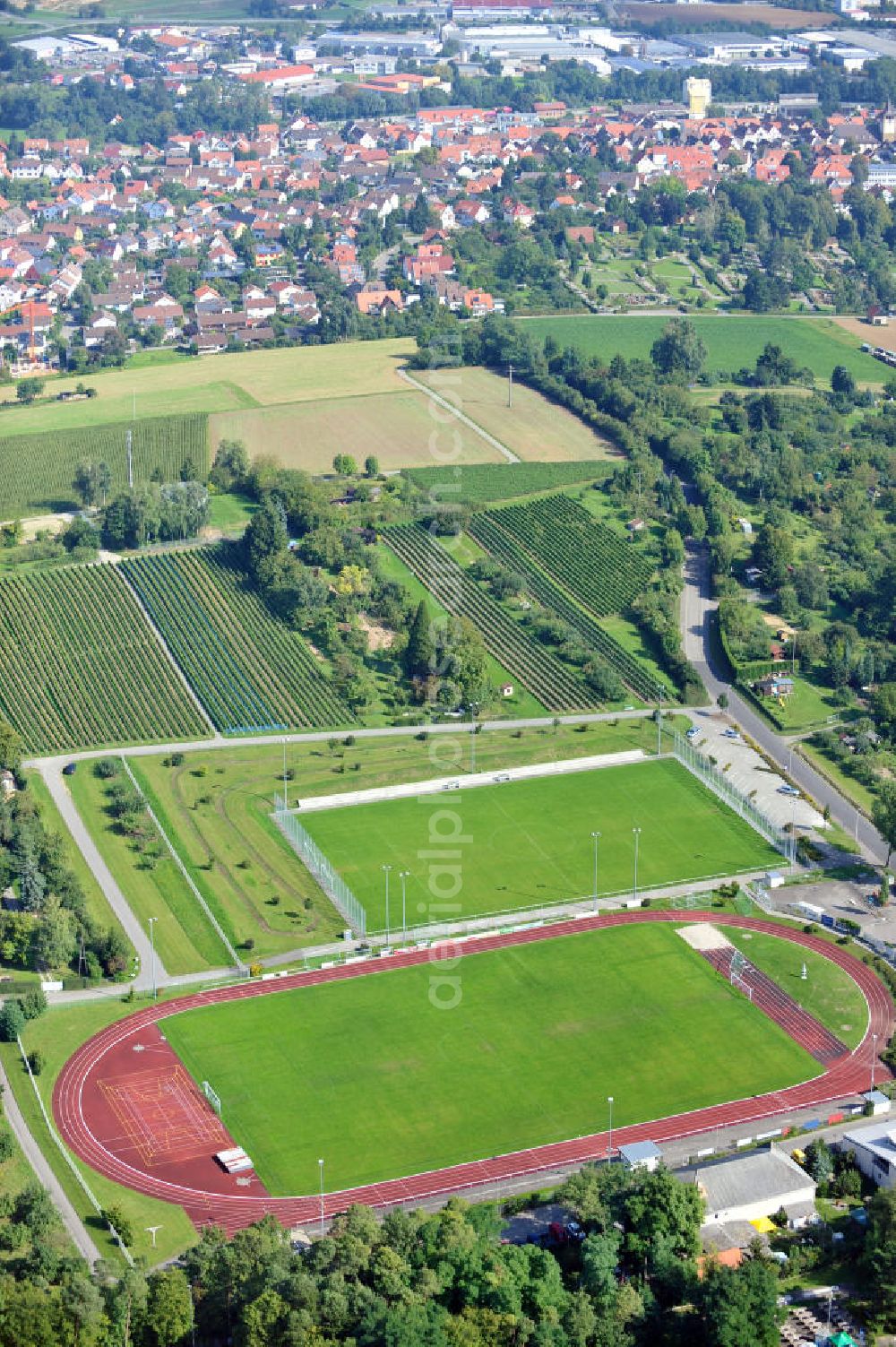 Leingarten from above - Heuschelberg-Stadion und Trainingsplatz des Sportverein Leingarten 1895 e.V. in Baden-Württemberg. Heuschelberg-Stadium and training ground of the society Sportverein Leingarten 1895 e.V. in Baden-Wuerttemberg.