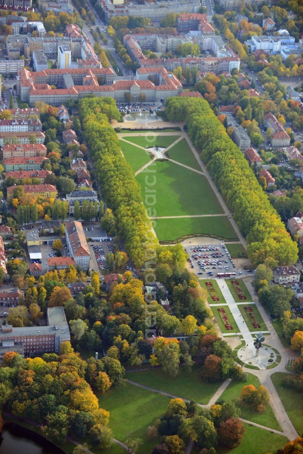 Aerial image Stettin - View onto the present townhall of Stettinwith the park Jesna Blonia. Formerly the townhall was as land house office of the province Pomerania. Behind the townhall the Jesna Blonia (Pale Meadow) is located