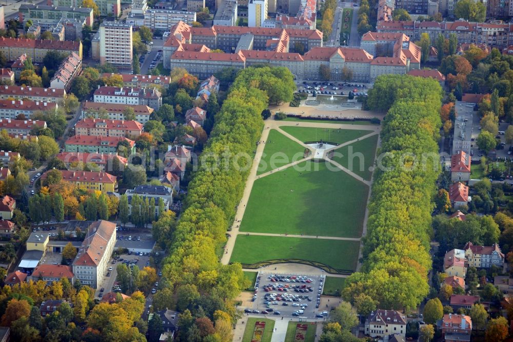 Stettin from above - View onto the present townhall of Stettinwith the park Jesna Blonia. Formerly the townhall was as land house office of the province Pomerania. Behind the townhall the Jesna Blonia (Pale Meadow) is located