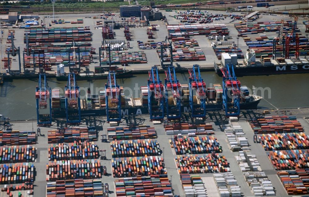 Hamburg from the bird's eye view: View of the HHLA Container Terminal Tollerort at the port of Hamburg