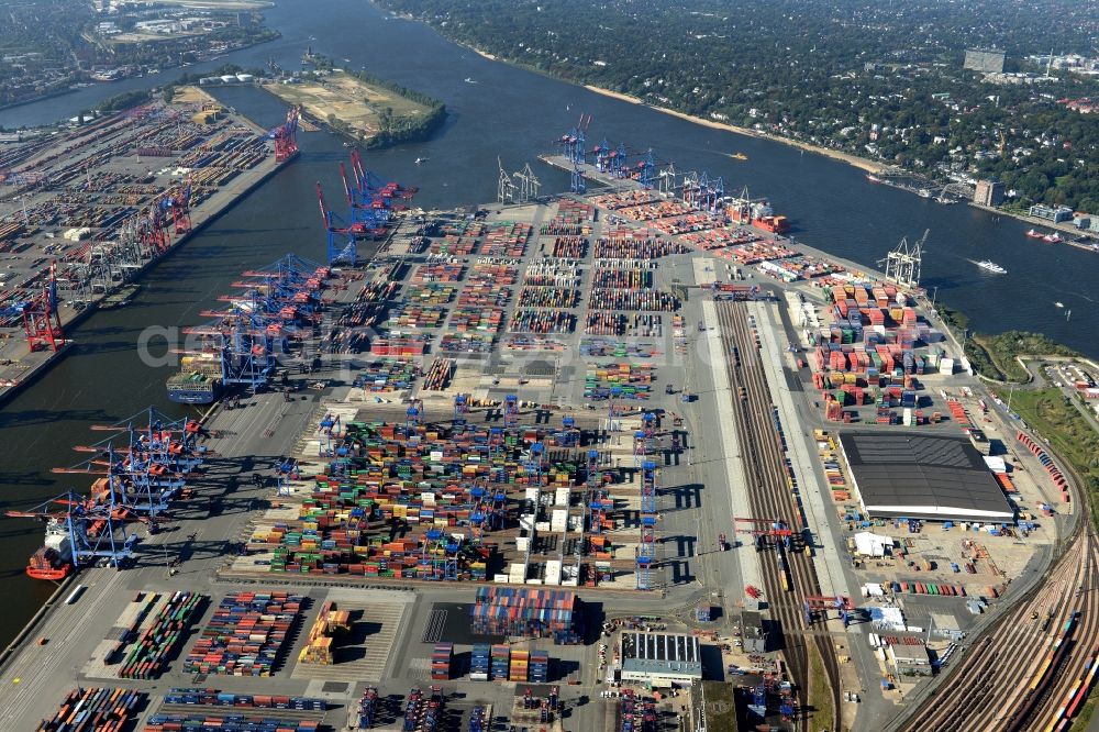 Aerial photograph Hamburg - HHLA Logistics Container Terminal Burchardkai in the Port of Hamburg harbor in Hamburg in Germany