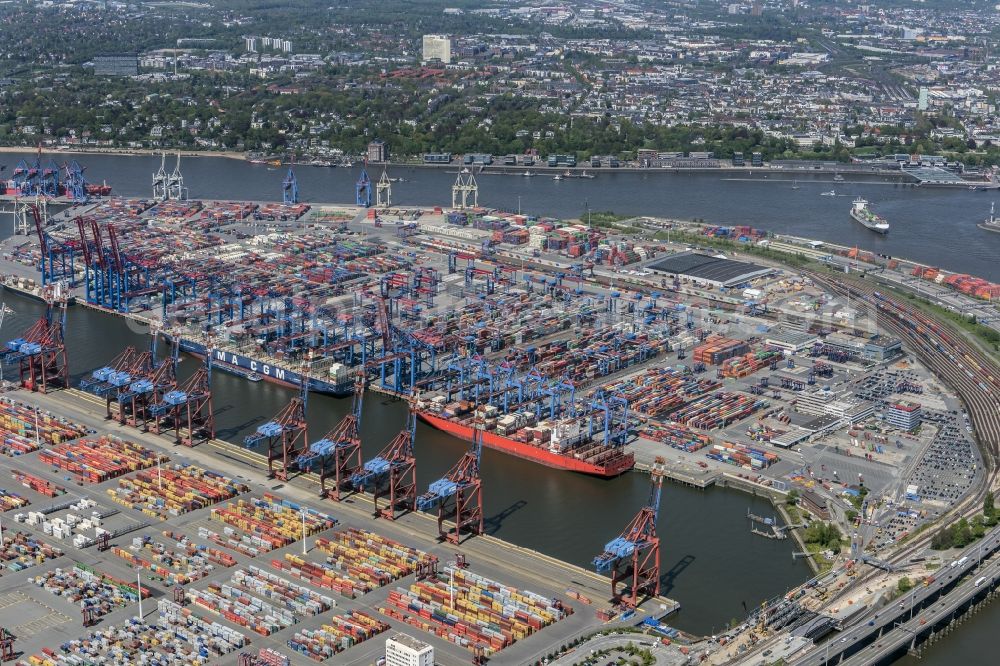 Hamburg from the bird's eye view: HHLA Logistics Container Terminal Burchardkai in the Port of Hamburg harbor in Hamburg in Germany