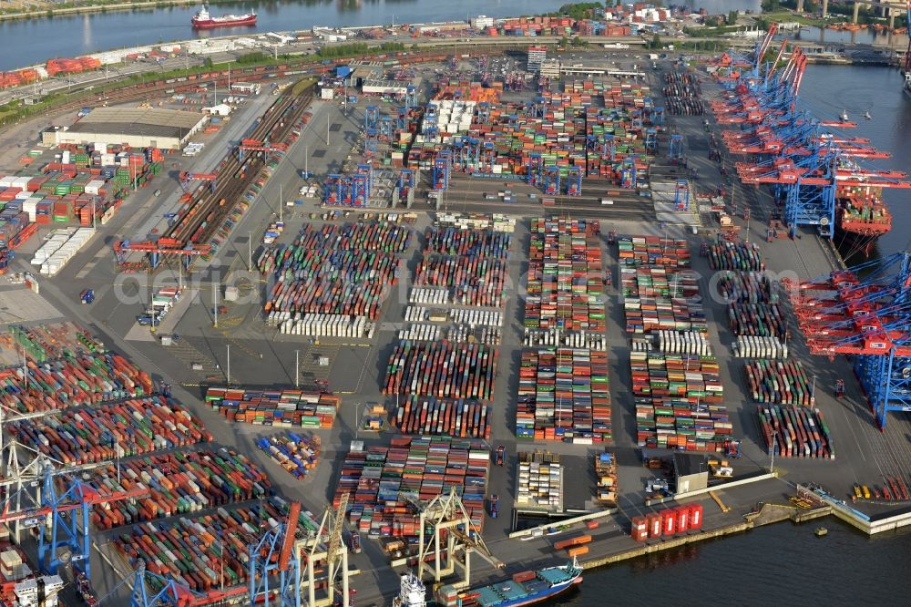 Aerial image Hamburg - HHLA Logistics Container Terminal Burchardkai in the Port of Hamburg harbor in Hamburg in Germany