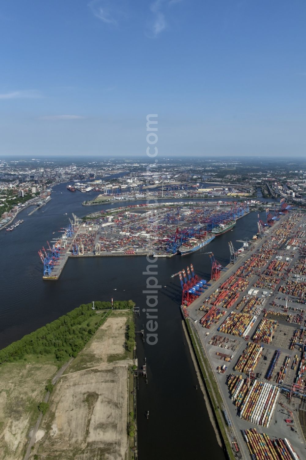 Aerial photograph Hamburg - HHLA Logistics Container Terminal Burchardkai in the Port of Hamburg harbor in Hamburg in Germany