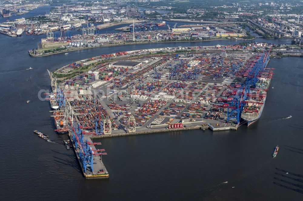 Hamburg from the bird's eye view: HHLA Logistics Container Terminal Burchardkai in the Port of Hamburg harbor in Hamburg in Germany