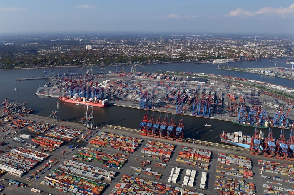 Aerial image Hamburg - HHLA Logistics Container Terminal Burchardkai in the Port of Hamburg harbor in Hamburg in Germany