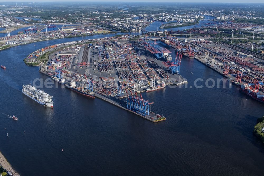 Aerial photograph Hamburg - HHLA Logistics Container Terminal Burchardkai in the Port of Hamburg harbor in Hamburg in Germany