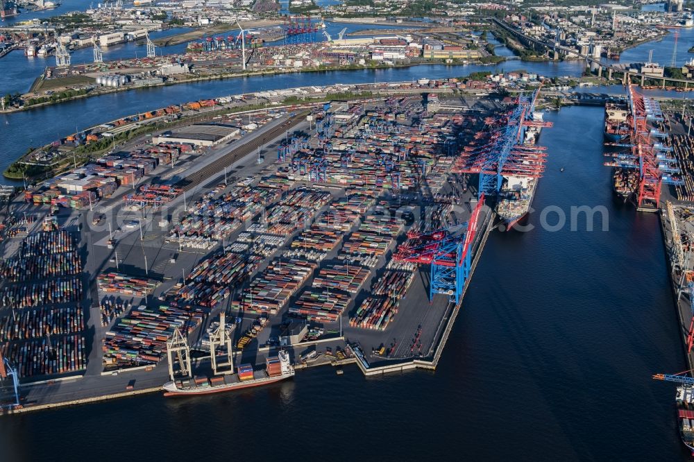 Aerial photograph Hamburg - HHLA Logistics Container Terminal Burchardkai in the Port of Hamburg harbor in Hamburg in Germany