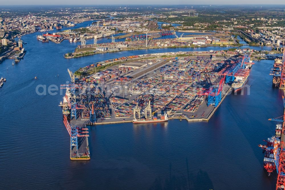 Aerial photograph Hamburg - HHLA Logistics Container Terminal Burchardkai in the Port of Hamburg harbor in Hamburg in Germany