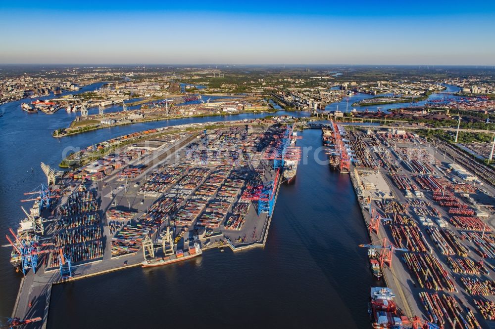 Hamburg from the bird's eye view: HHLA Logistics Container Terminal Burchardkai in the Port of Hamburg harbor in Hamburg in Germany