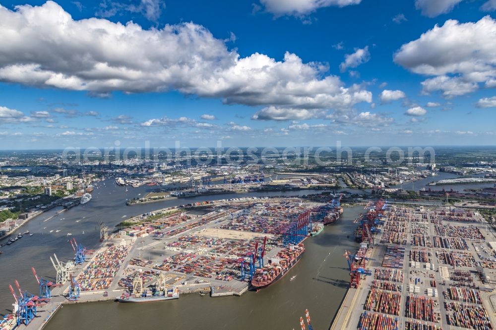 Hamburg from the bird's eye view: HHLA Logistics Container Terminal Burchardkai in the Port of Hamburg harbor in Hamburg in Germany