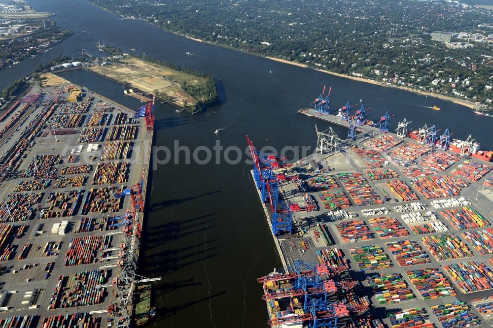 Aerial image Hamburg - View on container and container ships at berth HHLA Logistics Container Terminal Burchhardkai and Walter Hofer Euro Gate Container Terminal in the Port of Hamburg harbor in Hamburg