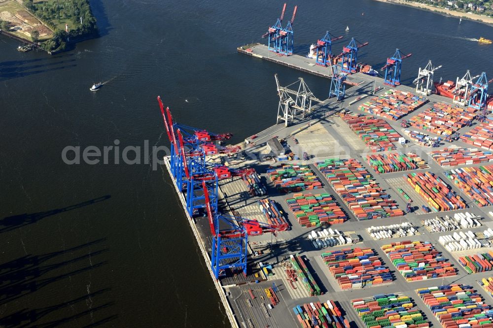 Aerial photograph Hamburg - View on container and container ships at berth HHLA Logistics Container Terminal Burchhardkai and Walter Hofer Euro Gate Container Terminal in the Port of Hamburg harbor in Hamburg