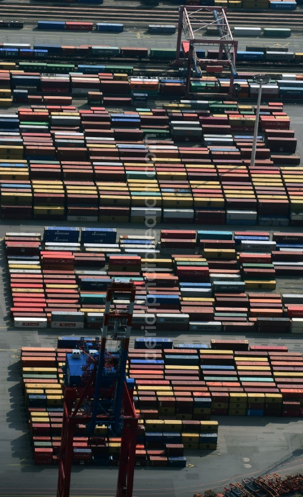 Hamburg from above - View on container and container ships at berth HHLA Logistics Container Terminal Burchhardkai and Walter Hofer Euro Gate Container Terminal in the Port of Hamburg harbor in Hamburg