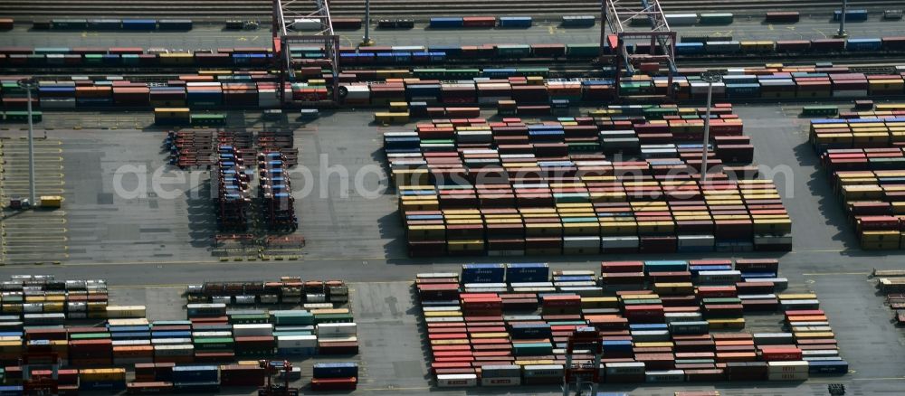 Aerial image Hamburg - View on container and container ships at berth HHLA Logistics Container Terminal Burchhardkai and Walter Hofer Euro Gate Container Terminal in the Port of Hamburg harbor in Hamburg