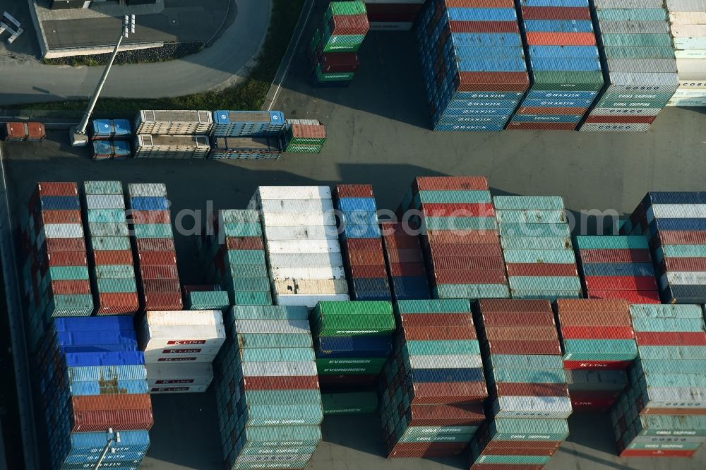 Hamburg from the bird's eye view: View on container and container ships at berth HHLA Logistics Container Terminal Burchhardkai and Walter Hofer Euro Gate Container Terminal in the Port of Hamburg harbor in Hamburg