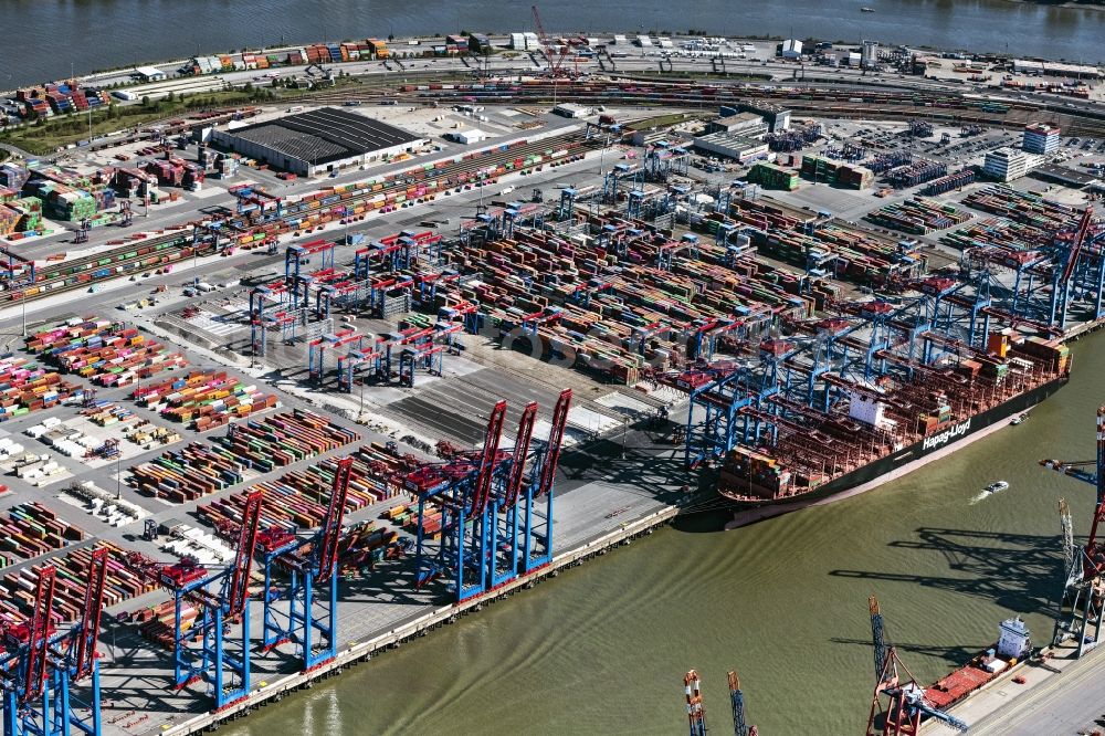 Aerial photograph Hamburg - View on container and container ships at berth HHLA Logistics Container Terminal Burchhardkai and Walter Hofer Euro Gate Container Terminal in the Port of Hamburg harbor in Hamburg