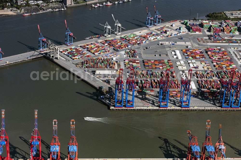 Aerial image Hamburg - View on container and container ships at berth HHLA Logistics Container Terminal Burchhardkai and Walter Hofer Euro Gate Container Terminal in the Port of Hamburg harbor in Hamburg