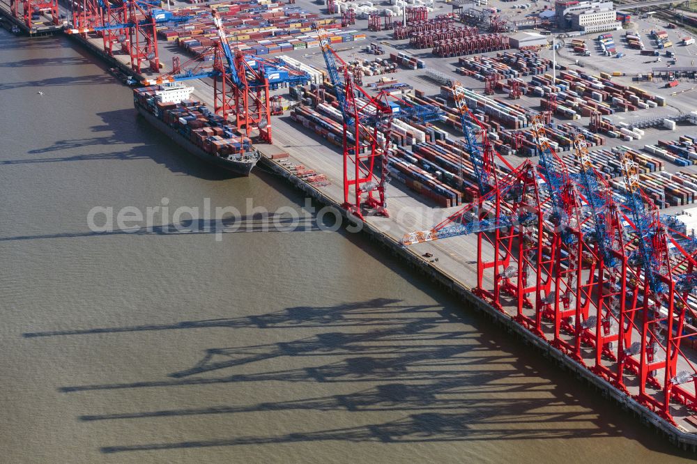 Aerial image Hamburg - View on container and container ships at berth HHLA Logistics Container Terminal Burchhardkai and Walter Hofer Euro Gate Container Terminal in the Port of Hamburg harbor in Hamburg