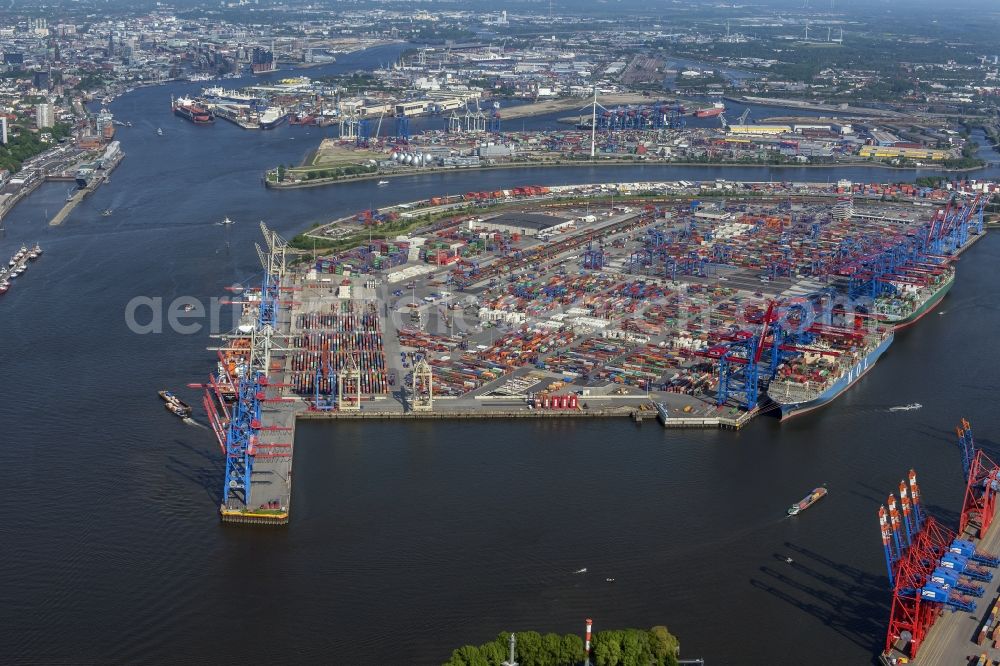 Hamburg from the bird's eye view: View on container and container ships at berth HHLA Logistics Container Terminal Burchhardkai and Walter Hofer Euro Gate Container Terminal in the Port of Hamburg harbor in Hamburg. Containership MOL Triumph