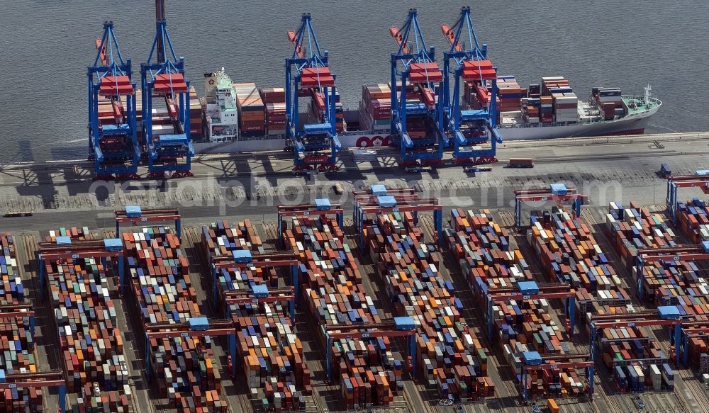 Hamburg from above - View on container and container ships at berth HHLA Logistics Container Terminal Tollerort and Walter Hofer Euro Gate Container Terminal in the Port of Hamburg harbor in Hamburg