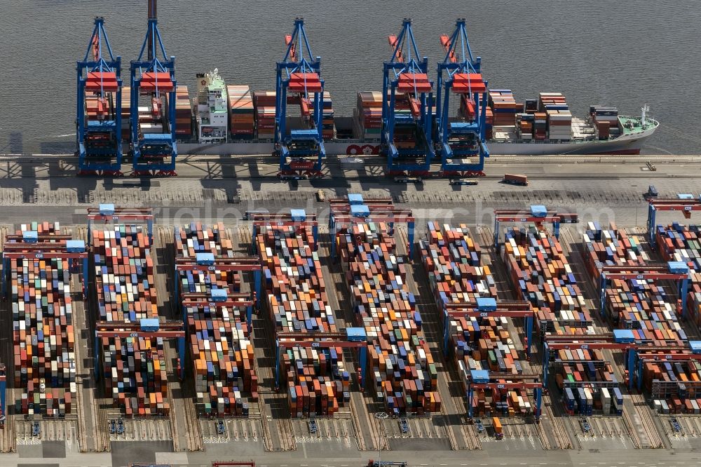 Hamburg from the bird's eye view: View on container and container ships at berth HHLA Logistics Container Terminal Tollerort and Walter Hofer Euro Gate Container Terminal in the Port of Hamburg harbor in Hamburg