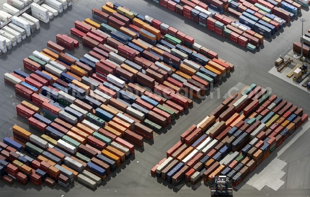 Aerial image Hamburg - View on container and container ships at berth HHLA Logistics Container Terminal Tollerort and Walter Hofer Euro Gate Container Terminal in the Port of Hamburg harbor in Hamburg